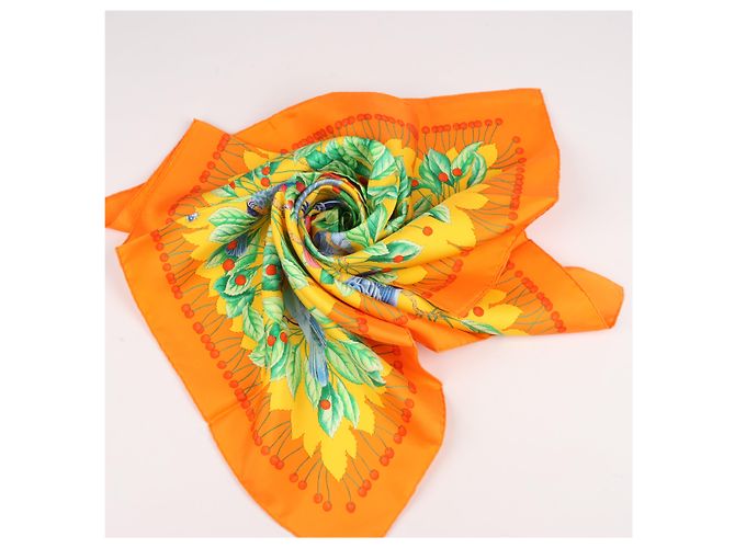 Foulard Hermès Carré 90 "Les merises" 100% Seta Arancione - vista 12