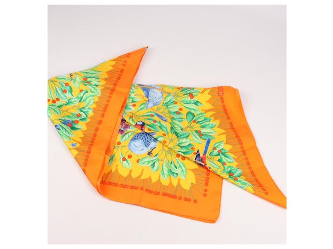 Foulard Hermès Carré 90 "Les merises" 100% Seta Arancione - vista 18