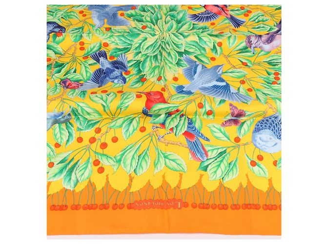 Foulard Hermès Carré 90 "Les merises" 100% Seta Arancione - vista 7