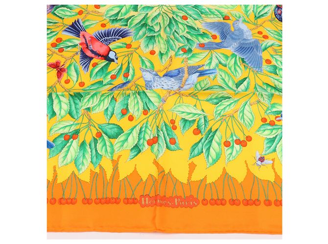 Foulard Hermès Carré 90 "Les merises" 100% Seta Arancione - vista 9