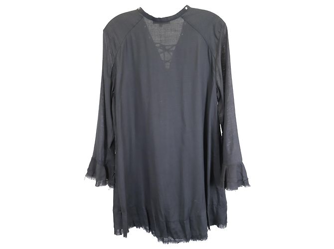 Vestido Iro Mini de manga acampanada con borde sin terminar en algodón negro - vista 3