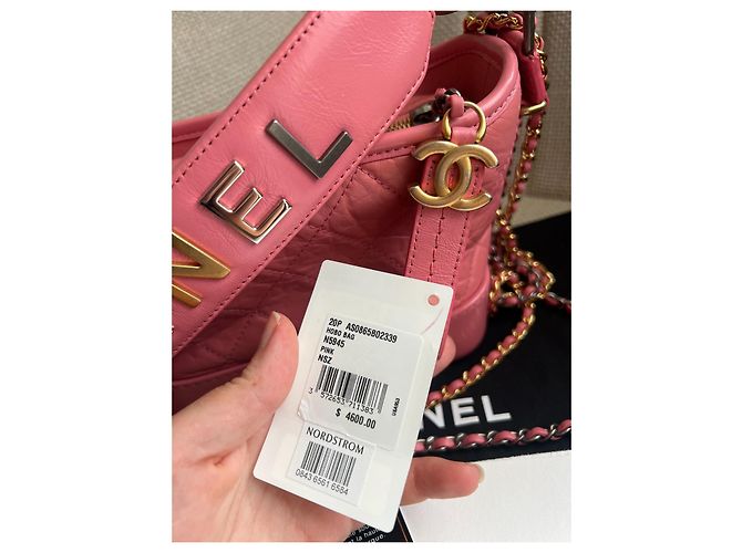 CHANEL Gabrielle Hobo con manico logo e pelle di vitello trapuntata invecchiata Rosa - vista 3