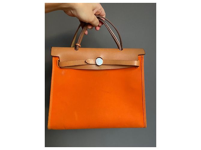Hermès Herbag 31 PM Arancione in Tela e Pelle - vista 16