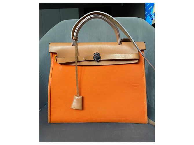 Hermès Herbag 31 PM Arancione in Tela e Pelle - vista 2