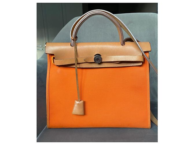 Hermès Herbag 31 PM Arancione in Tela e Pelle - vista 3