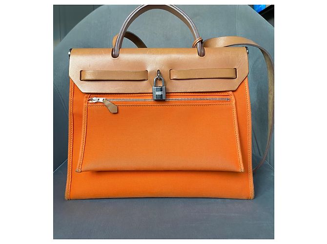 Hermès Herbag 31 PM Arancione in Tela e Pelle - vista 4