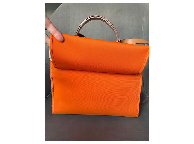Hermès Herbag 31 PM Arancione in Tela e Pelle - vista 7