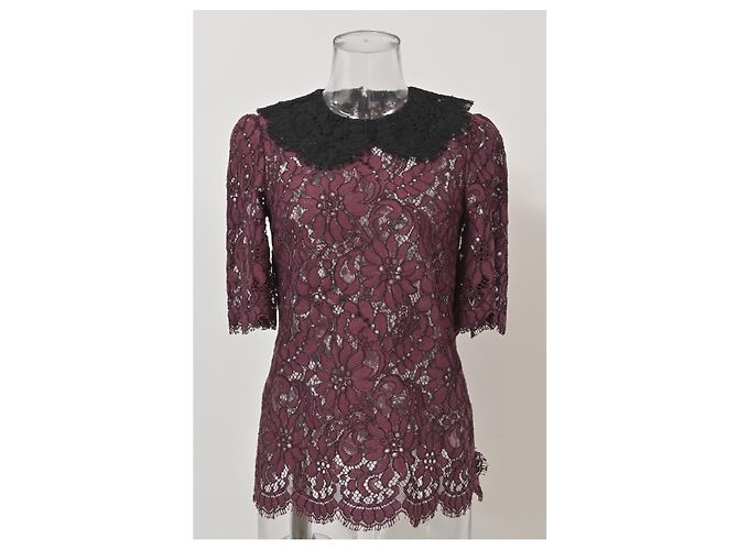 Blusa de algodón burdeos con mangas 3/4 de encaje floral Dolce & Gabbana Roja - vista 6