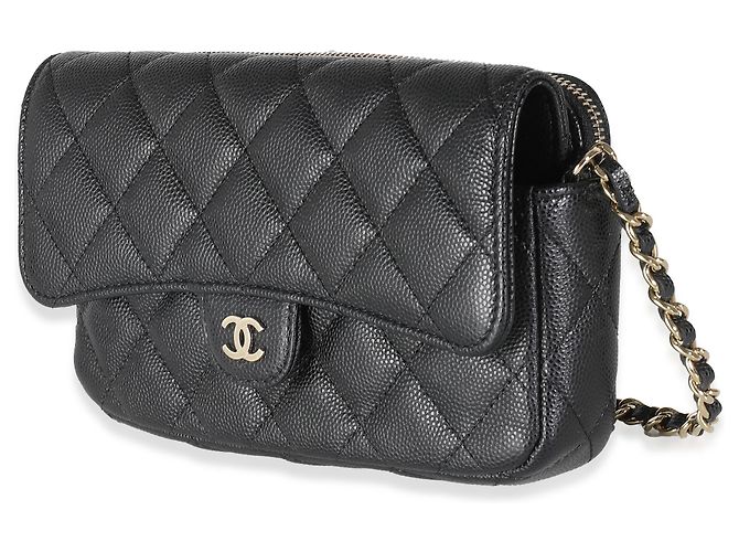 Timeless Chanel Black Quilted Caviar Flap Phone Handbag With Chain - view 3