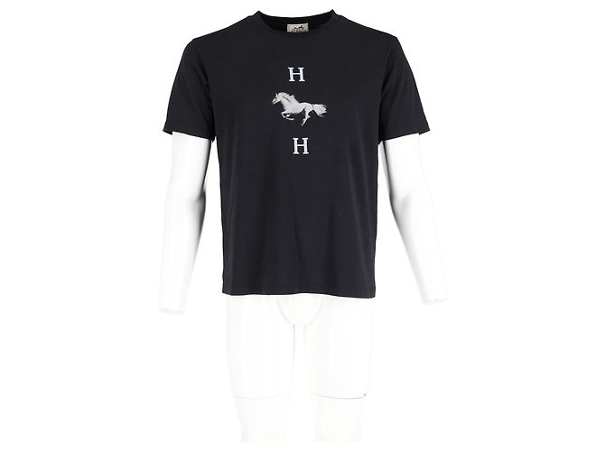 T-shirt in cotone nero con stampa logo cavallo Hermès - vista 4