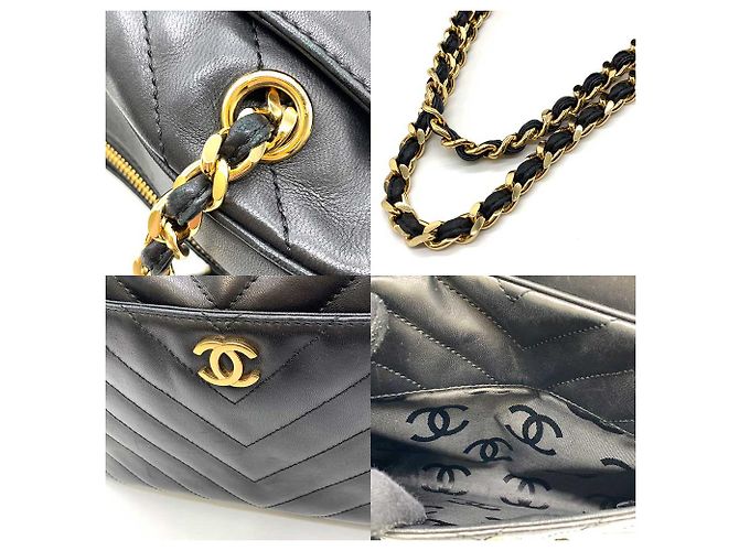 Bolsa de ombro Chanel em couro de cordeiro V-Stitch com corrente Preto - vista 4