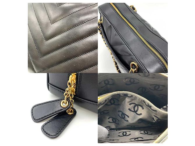Bolsa de ombro Chanel em couro de cordeiro V-Stitch com corrente Preto - vista 5