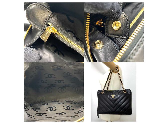 Bolsa de ombro Chanel em couro de cordeiro V-Stitch com corrente Preto - vista 7