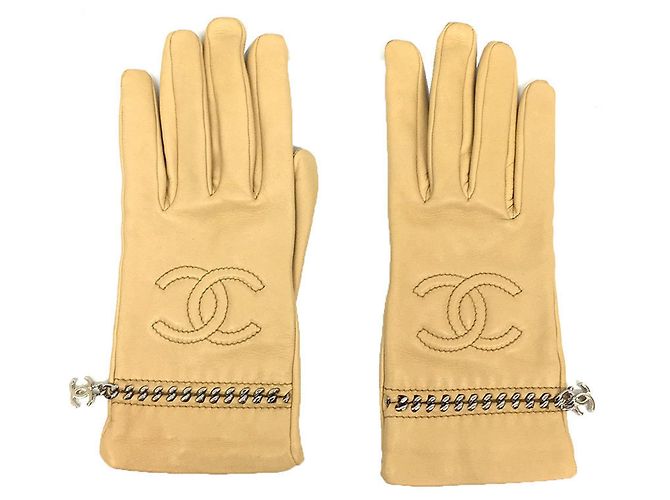 Luvas curtas de couro e seda bege Chanel - vista 2