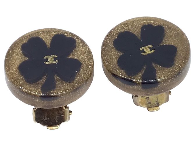 Pendientes Chanel Clover Clip Negro Dorado - vista 2