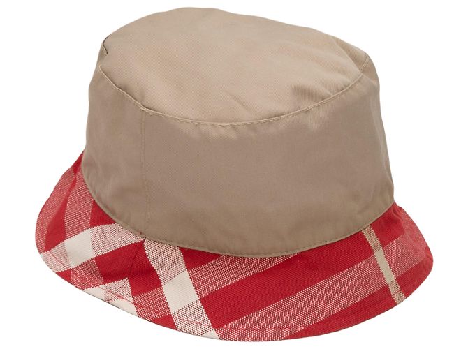 Cappello bucket Burberry beige e rosso con bordo motivo Nova Check - vista 2