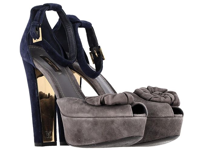 Sandali platform con dettaglio floreale Louis Vuitton in suede blu e grigio - vista 2