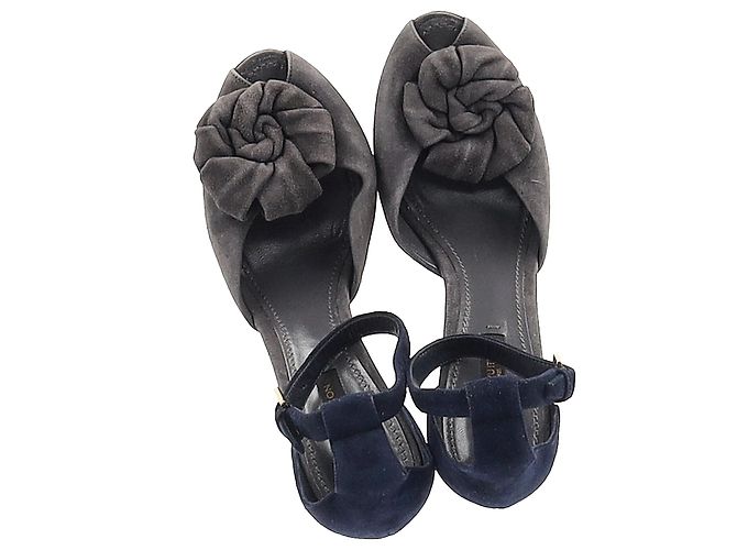 Sandali platform con dettaglio floreale Louis Vuitton in suede blu e grigio - vista 3