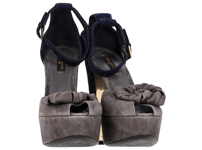 Sandali platform con dettaglio floreale Louis Vuitton in suede blu e grigio - vista 4