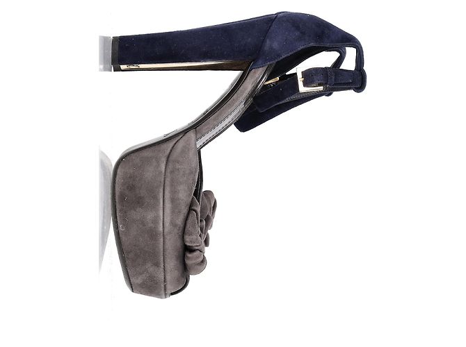 Sandali platform con dettaglio floreale Louis Vuitton in suede blu e grigio - vista 7