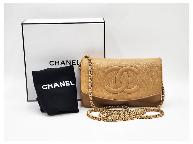Wallet On Chain Bolsa de corrente em couro caviar Chanel Double CC com aba simples Bege - vista 2