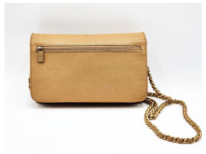 Wallet On Chain Bolsa de corrente em couro caviar Chanel Double CC com aba simples Bege - vista 3