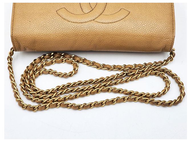 Wallet On Chain Bolsa de corrente em couro caviar Chanel Double CC com aba simples Bege - vista 6