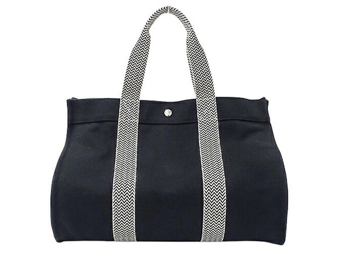 Hermès Cannes MM Canvas Tote-Handtasche Schwarz Weiß - Ansicht 2