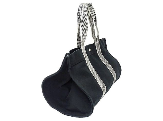 Hermès Cannes MM Canvas Tote-Handtasche Schwarz Weiß - Ansicht 4