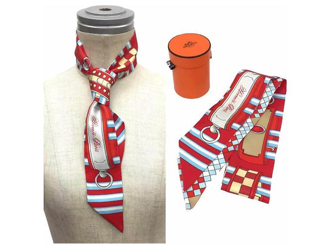Hermès Foulard Hermes Twilly - Colliers de Chiens Remix 2020 Rosso Blu Beige - vista 2