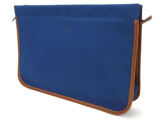 Bolso de mano de lona y cuero Hermès Castaño Azul marino - vista 2