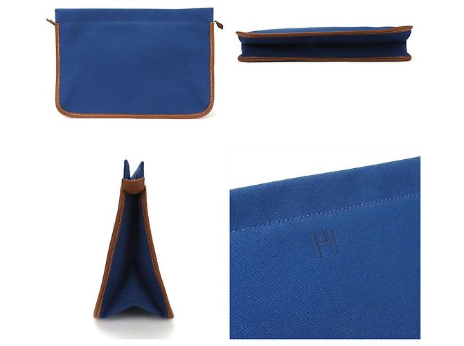 Bolso de mano de lona y cuero Hermès Castaño Azul marino - vista 4