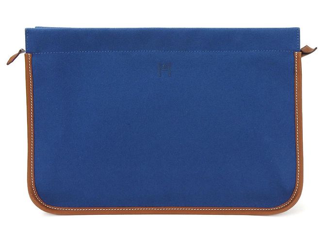 Bolso de mano de lona y cuero Hermès Castaño Azul marino - vista 8