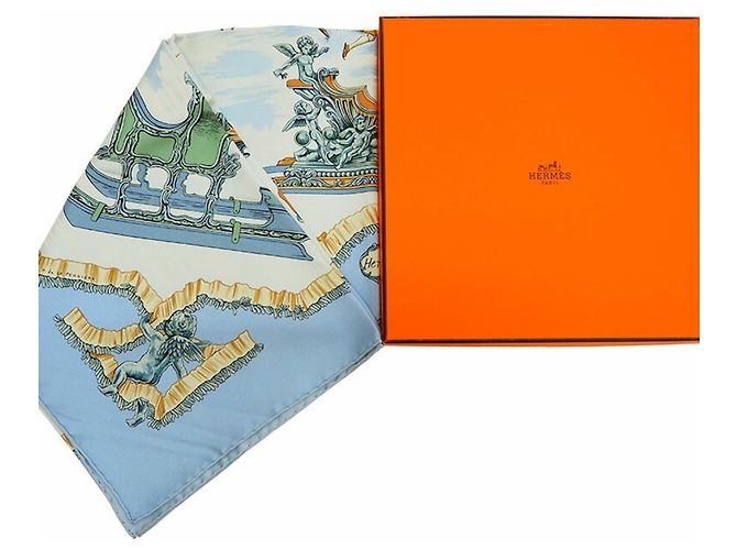 Hermès Sciarpa Hermes Carre 90 Traineaux e Glifsades Blu Chiaro - vista 10