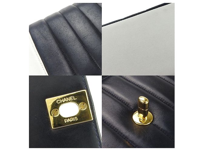 Borsa a spalla in pelle di agnello Chanel Mademoiselle Bianco Blu navy - vista 7