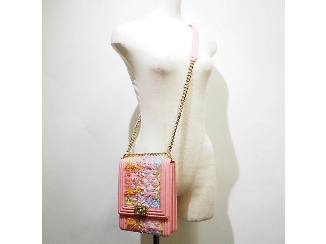 Bolso de hombro Chanel Boy de tweed y piel de cordero Rosa - vista 9
