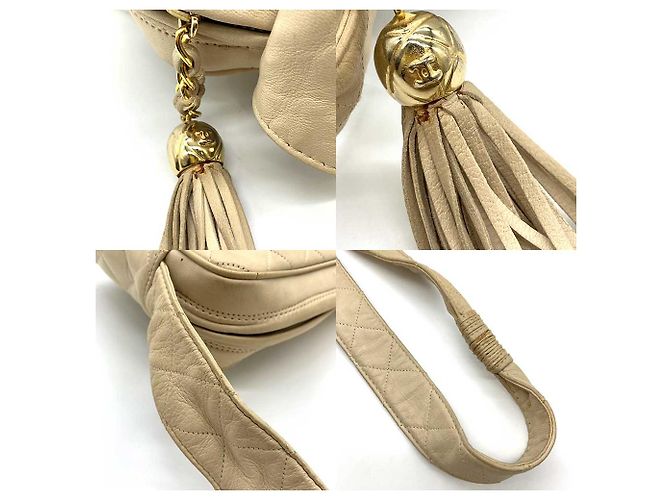 Borsa a spalla Chanel in pelle di agnello matelassé beige - vista 5