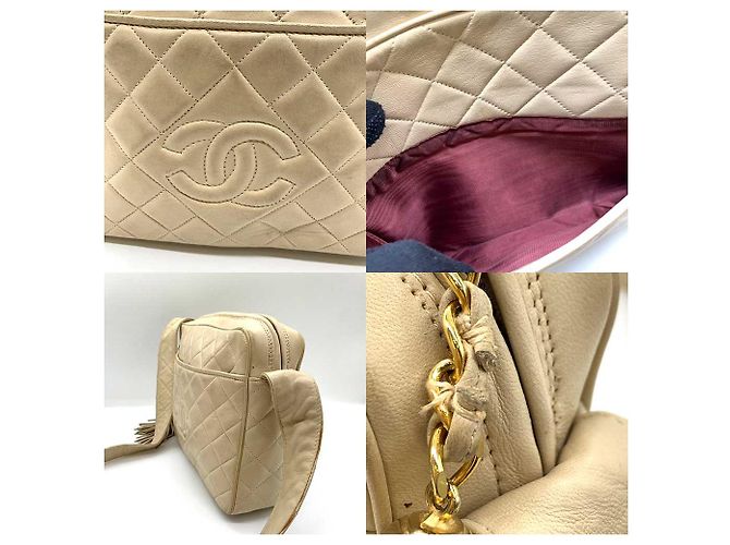 Borsa a spalla Chanel in pelle di agnello matelassé beige - vista 6