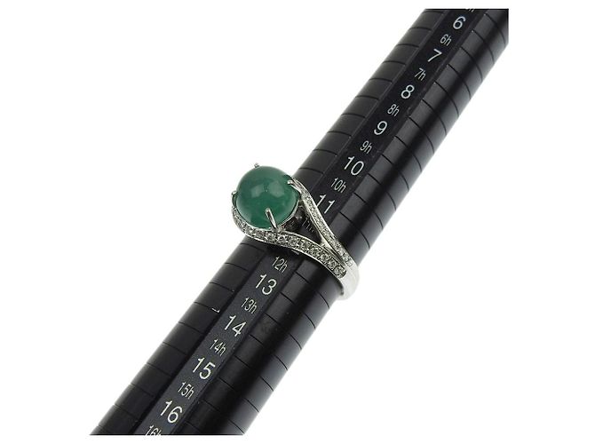 Autre Marque Pt900 Smaragd Katzenauge Ring mit Diamanten, Größe 12 Grün - vista 5