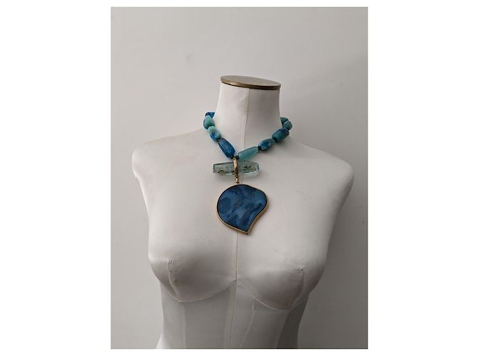 Autre Marque Collana Dominique Denaive in resina blu e metallo dorato - vista 6