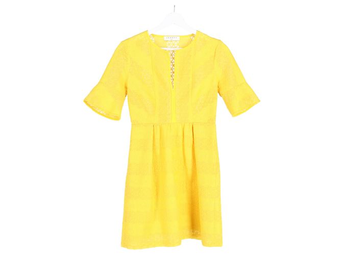 Sandro Mini-Kleid mit Rundhalsausschnitt aus gelbem Polyester Kamel - Ansicht 4