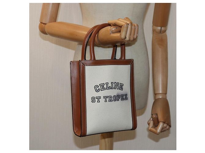 Céline Borsa a mano cabas verticale mini CELINE in tela 2 in 1 bianca Auth 82073 Bianco - vista 19