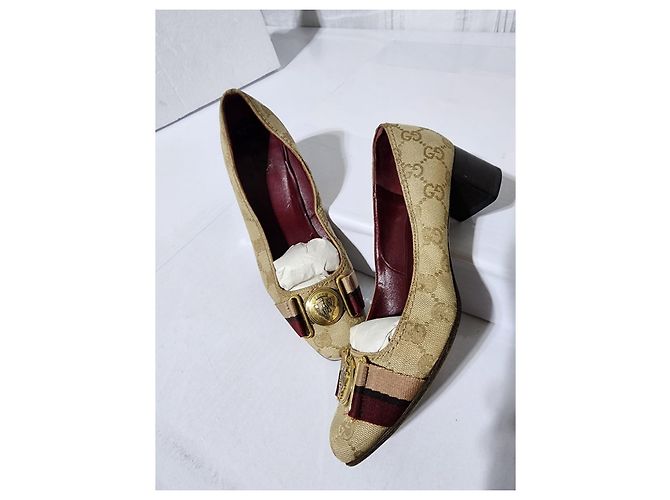Pumps Gucci Monogram Web Marrone/Beige Taglia 35,5 - vista 2
