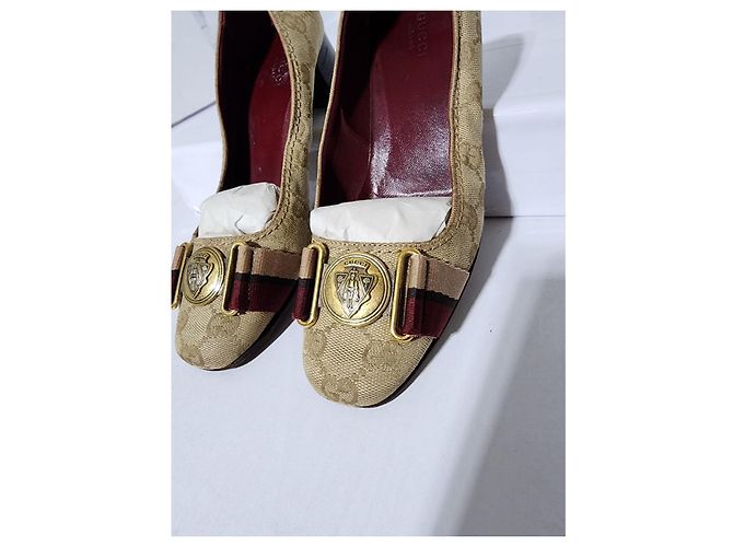 Pumps Gucci Monogram Web Marrone/Beige Taglia 35,5 - vista 4