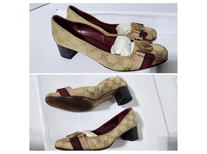Pumps Gucci Monogram Web Marrone/Beige Taglia 35,5 - vista 6