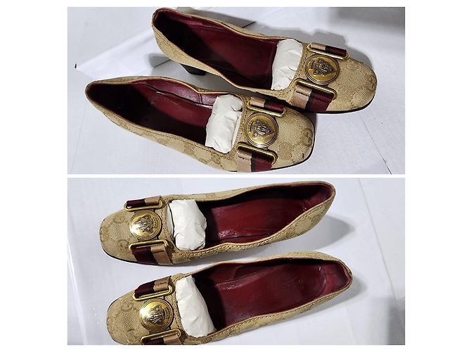 Pumps Gucci Monogram Web Marrone/Beige Taglia 35,5 - vista 7