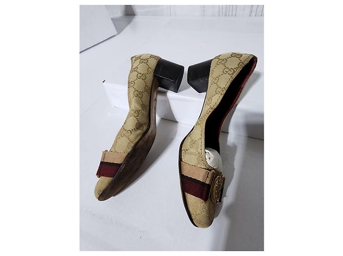 Pumps Gucci Monogram Web Marrone/Beige Taglia 35,5 - vista 8