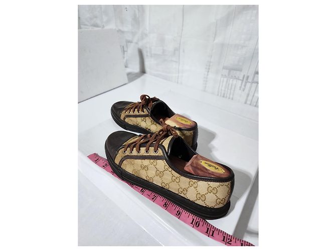 Sneakers in pelle e tela monogram Gucci con lacci marrone/beige taglia 7,5 - vista 11