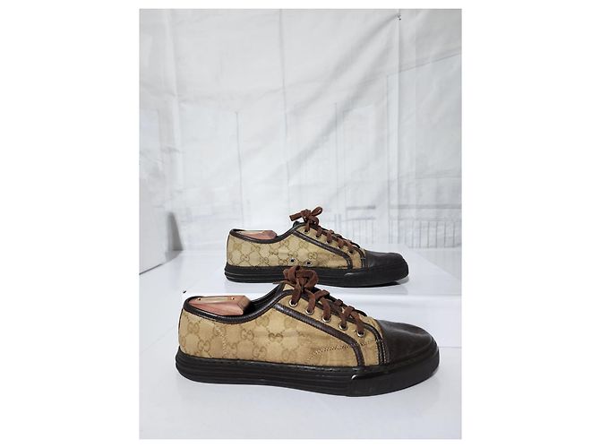 Sneakers in pelle e tela monogram Gucci con lacci marrone/beige taglia 7,5 - vista 13