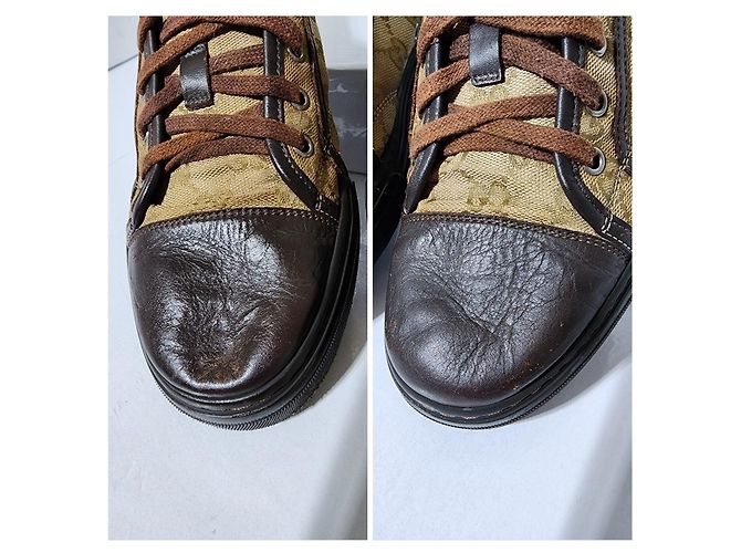 Sneakers in pelle e tela monogram Gucci con lacci marrone/beige taglia 7,5 - vista 3